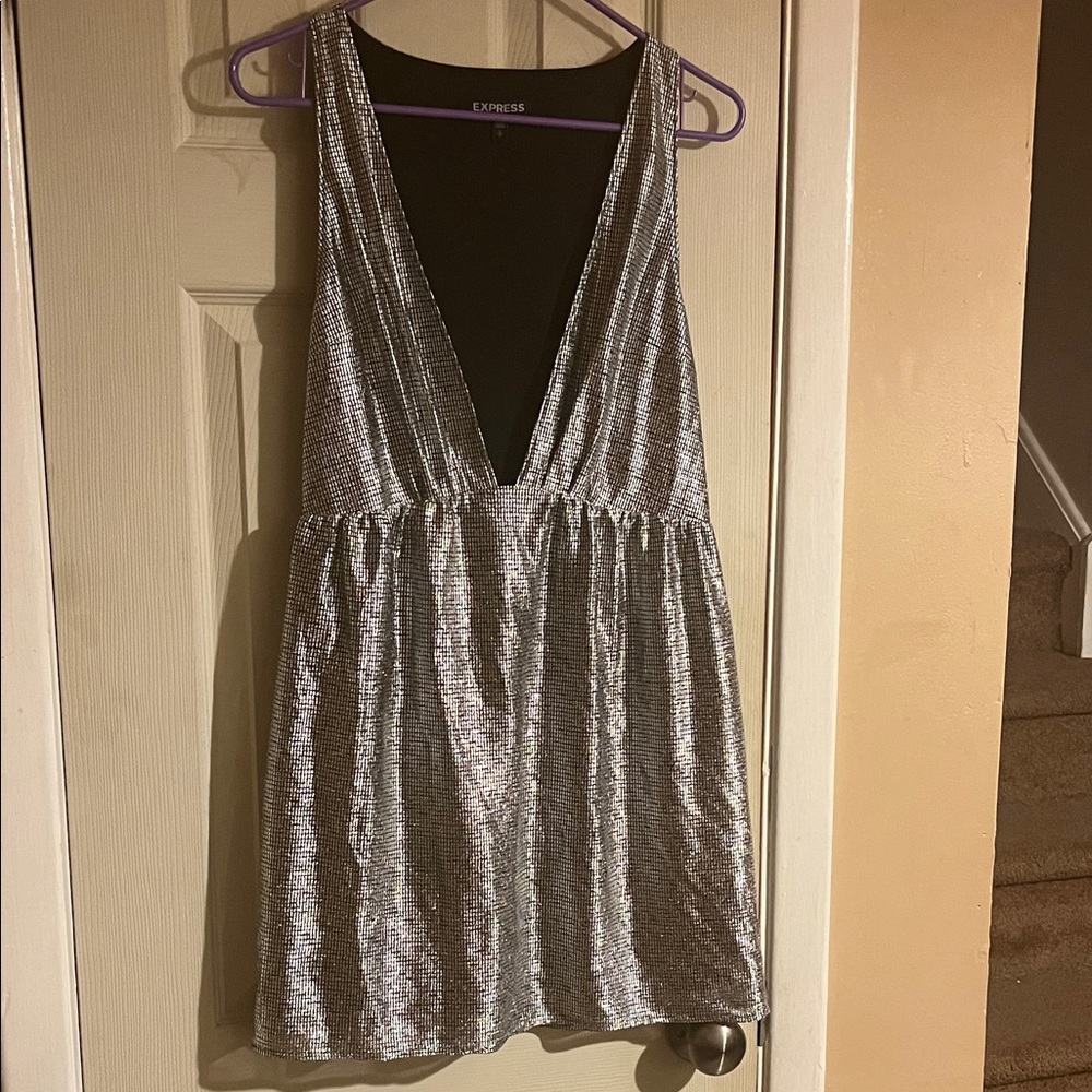 Express Shimmering Silver Deep V Dress